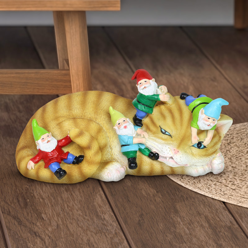 Exhart Cat Garden Statue With Gnomes, Hand Painted, UVTreated Resin, 6